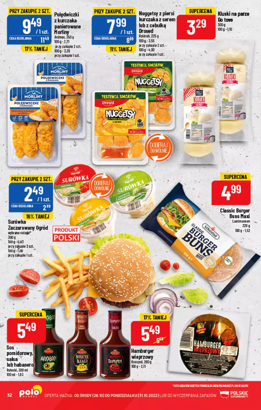 Gazetka promocyjna PoloMarket - Gazetka pomocyjna - ważna 26.10 do 31.10.2022 - strona 32 - produkty: Burger, Hamburger, Kluski na parze, Kurczak, Morliny, Ogród, Polędwiczki z kurczaka, Ser, Surówka