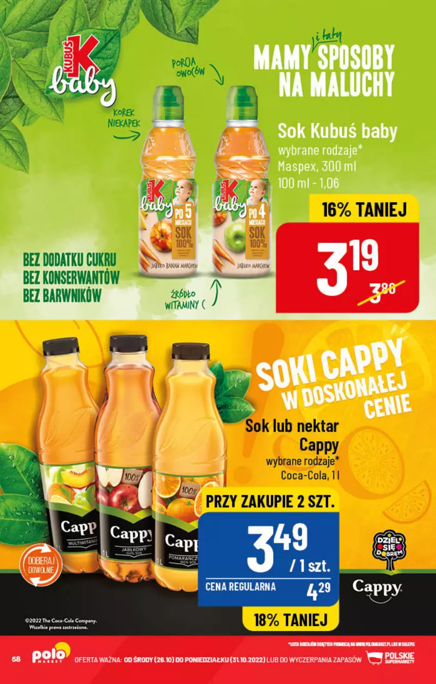 Gazetka promocyjna PoloMarket - Gazetka pomocyjna - ważna 26.10 do 31.10.2022 - strona 58 - produkty: Cappy, Coca-Cola, Kubuś, Nektar, Piwa, Sok