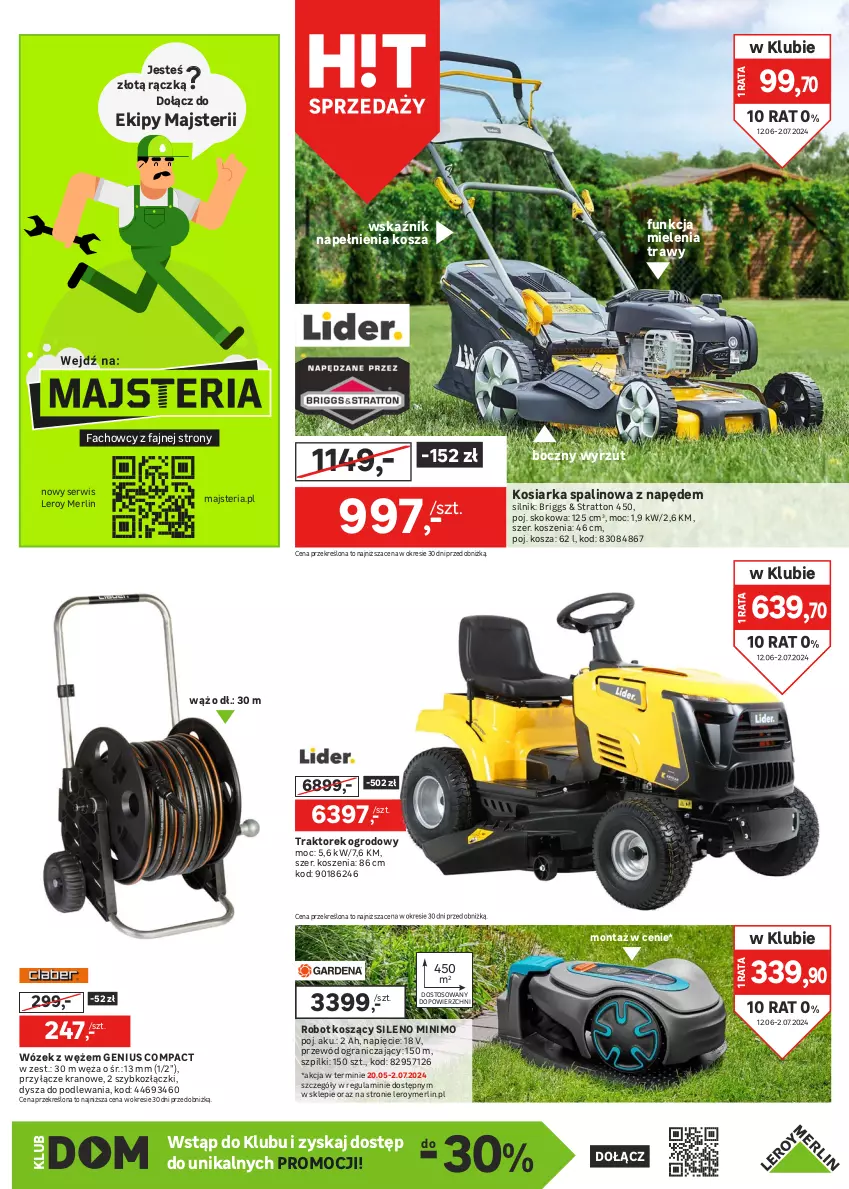 Gazetka promocyjna Leroy Merlin - Gazetka Leroy Merlin - ważna 12.06 do 02.07.2024 - strona 9 - produkty: Fa, Gra, Kosiarka, Kosiarka spalinowa z napędem, Kosz, Nawóz, Ogród, Przewód, Rama, Robot, Ser, Traktor, Wózek