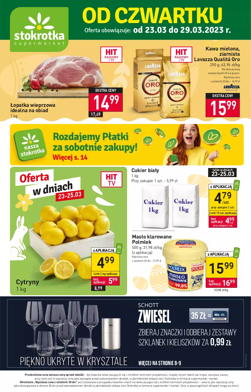 Gazetka promocyjna Stokrotka - Supermarket - ważna 23.03 do 29.03.2023 - strona 1 - produkty: Cukier, Cytryny, Gin, Kawa, Kawa mielona, Lavazza, Masło, Masło klarowane, Mięso, Owoce, POLMLEK, Warzywa