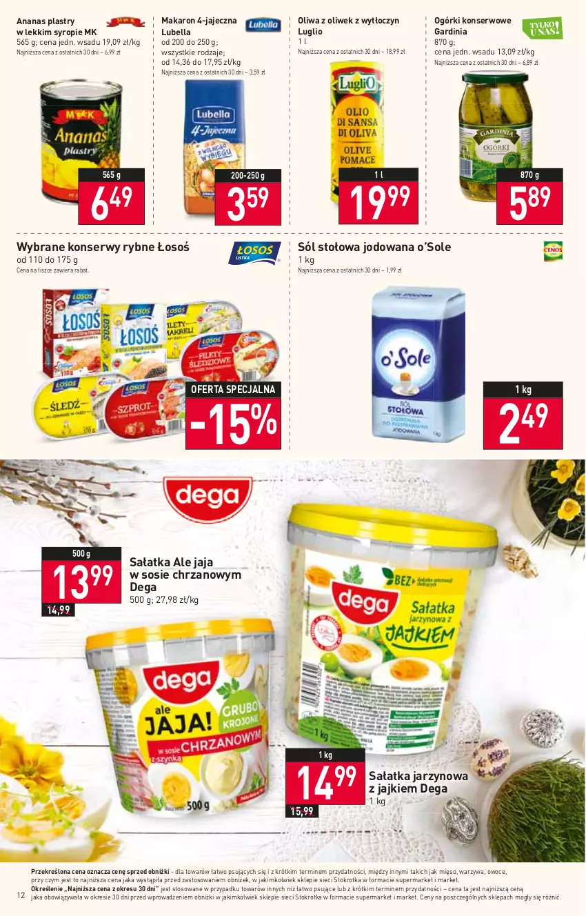 Gazetka promocyjna Stokrotka - Supermarket - ważna 23.03 do 29.03.2023 - strona 12 - produkty: Ananas, Bell, Bella, Chrzan, Dega, Jaja, Lubella, Makaron, Mięso, Ogórki konserwowe, Oliwa z oliwek, Owoce, Sałat, Sałatka, Ser, Sól, Sos, Syrop, Warzywa