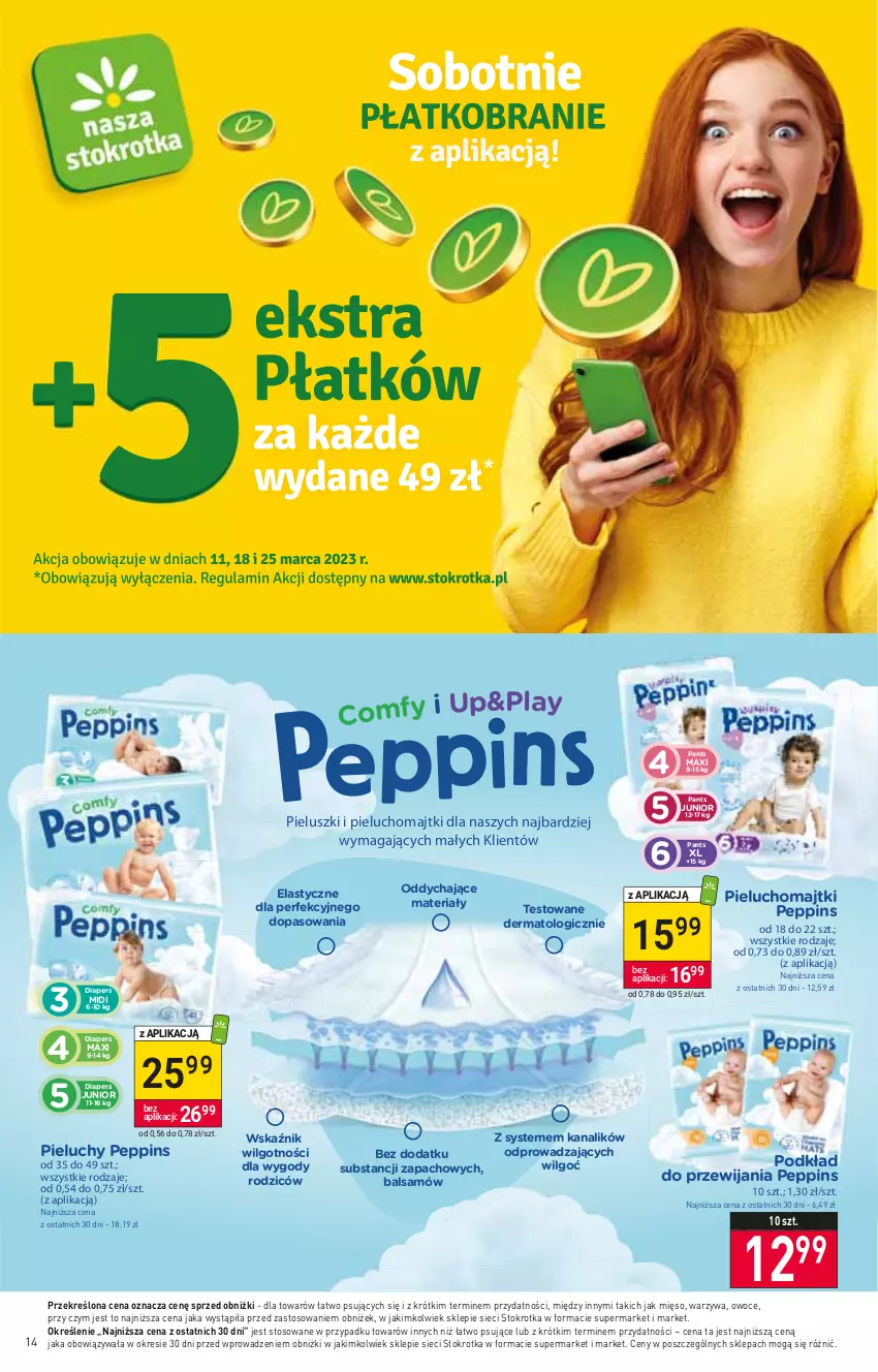 Gazetka promocyjna Stokrotka - Supermarket - ważna 23.03 do 29.03.2023 - strona 14 - produkty: LG, Majtki, Mięso, Owoce, Pieluchomajtki, Pieluchy, Podkład, Warzywa