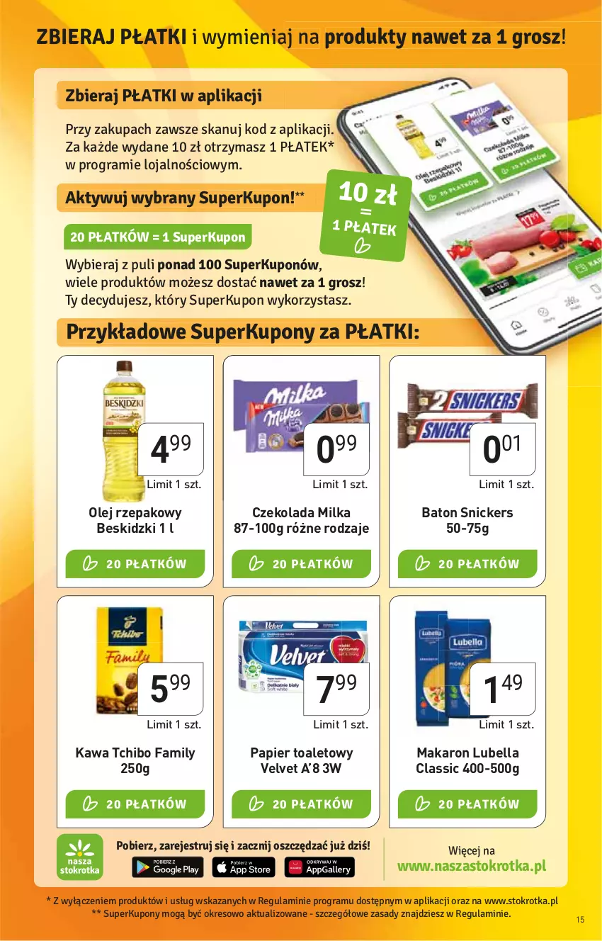 Gazetka promocyjna Stokrotka - Supermarket - ważna 23.03 do 29.03.2023 - strona 15 - produkty: Baton, Bell, Bella, Beskidzki, Czekolada, Fa, Gin, Kawa, Lubella, Makaron, Milka, Olej, Olej rzepakowy, Papier, Papier toaletowy, Snickers, Tchibo, Tchibo Family, Velvet