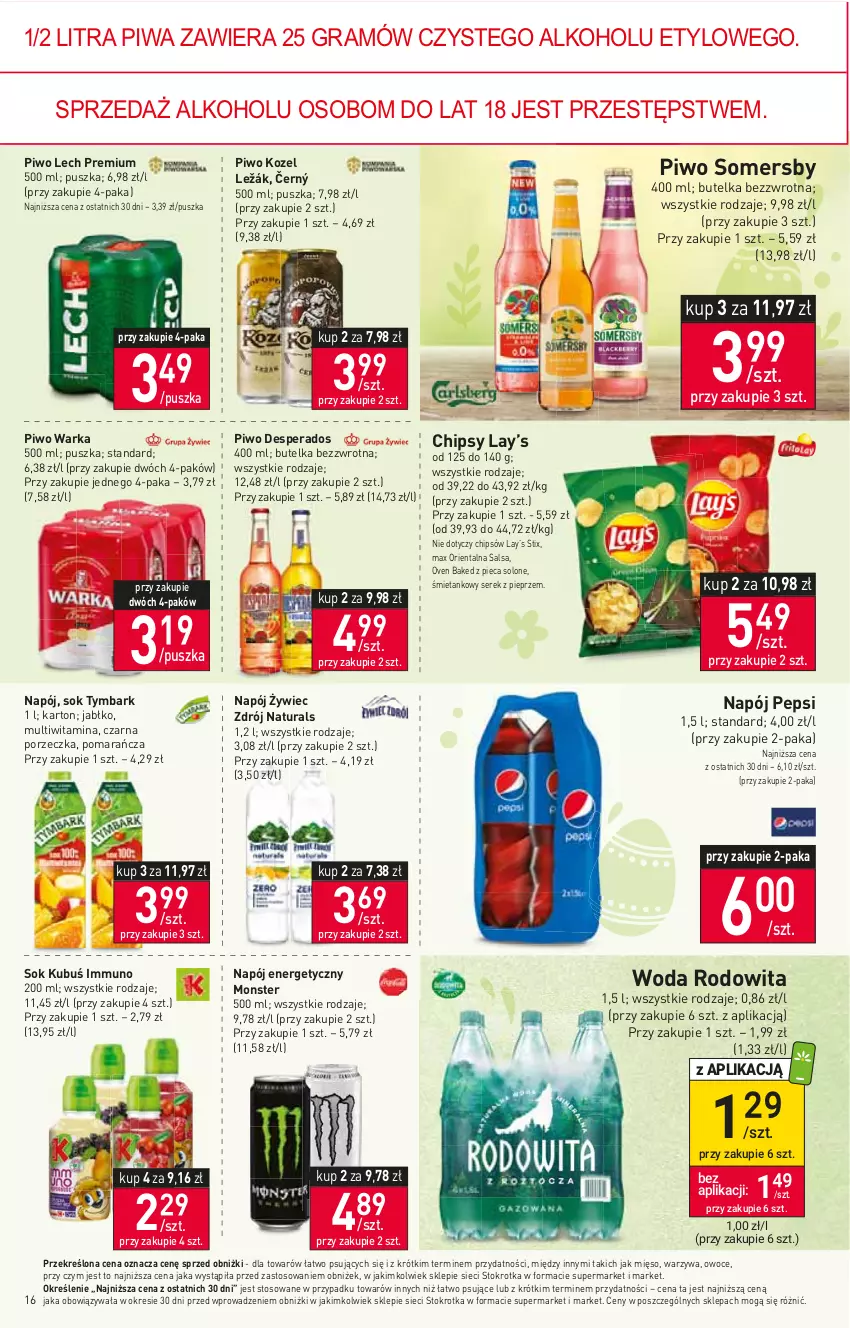 Gazetka promocyjna Stokrotka - Supermarket - ważna 23.03 do 29.03.2023 - strona 16 - produkty: Chipsy, Desperados, Gra, Kozel, Kubuś, Lay’s, Lech Premium, Mięso, Napój, Napój energetyczny, Owoce, Pepsi, Piec, Pieprz, Piwa, Piwo, Por, Salsa, Ser, Serek, Sok, Somersby, Tymbark, Warka, Warzywa, Woda