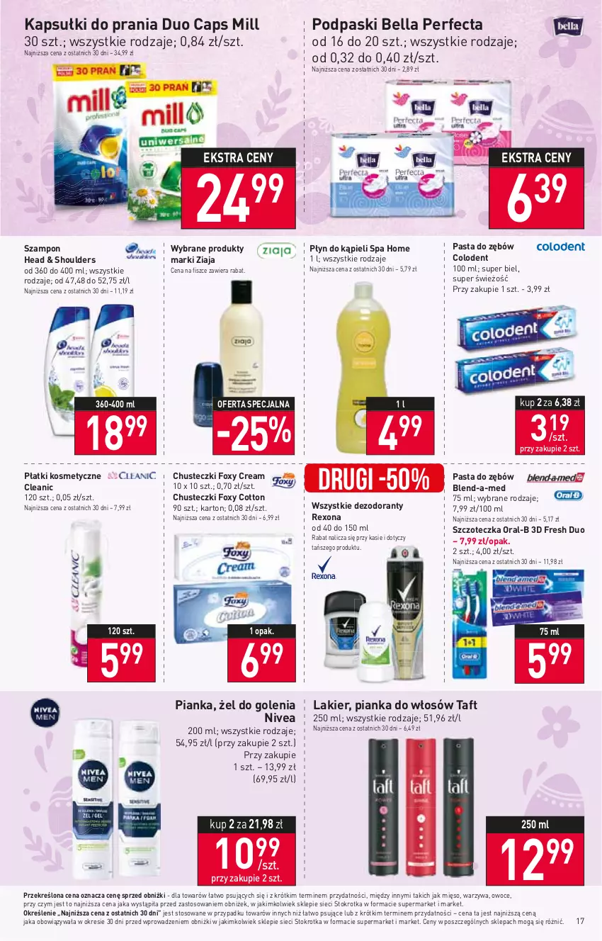 Gazetka promocyjna Stokrotka - Supermarket - ważna 23.03 do 29.03.2023 - strona 17 - produkty: Bell, Bella, Blend-a-Med, Chusteczki, Cleanic, Dezodorant, Foxy, Kapsułki do prania, Lakier, Mięso, Nivea, Owoce, Pasta do zębów, Perfecta, Pianka do włosów, Płatki kosmetyczne, Płyn do kąpieli, Podpaski, Rexona, Szampon, Szczoteczka, Taft, Warzywa, Ziaja