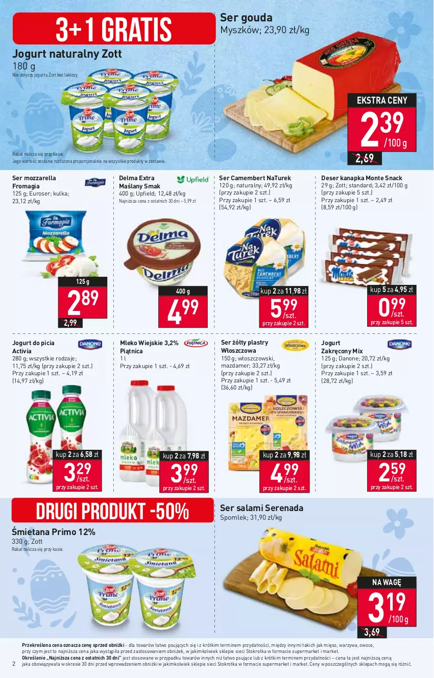 Gazetka promocyjna Stokrotka - Supermarket - ważna 23.03 do 29.03.2023 - strona 2 - produkty: Activia, Camembert, Danone, Delma, Deser, Gouda, Gra, Jogurt, Jogurt naturalny, Mazdamer, Mięso, Mleko, Monte, Mozzarella, Mysz, NaTurek, Owoce, Piątnica, Por, Salami, Ser, Ser salami, Warzywa, Włoszczowski, Zott