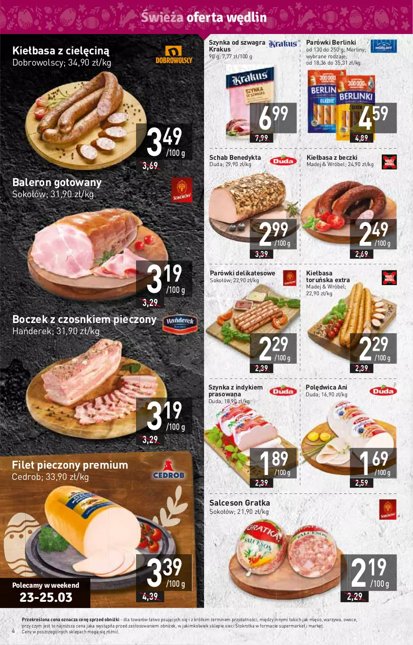 Gazetka promocyjna Stokrotka - Supermarket - ważna 23.03 do 29.03.2023 - strona 4 - produkty: Berlinki, Boczek, Duda, Gra, HP, Kiełbasa, Krakus, Mięso, Morliny, Owoce, Parówki, Piec, Polędwica, Salceson, Schab Benedykta, Sok, Sokołów, Szynka, Warzywa