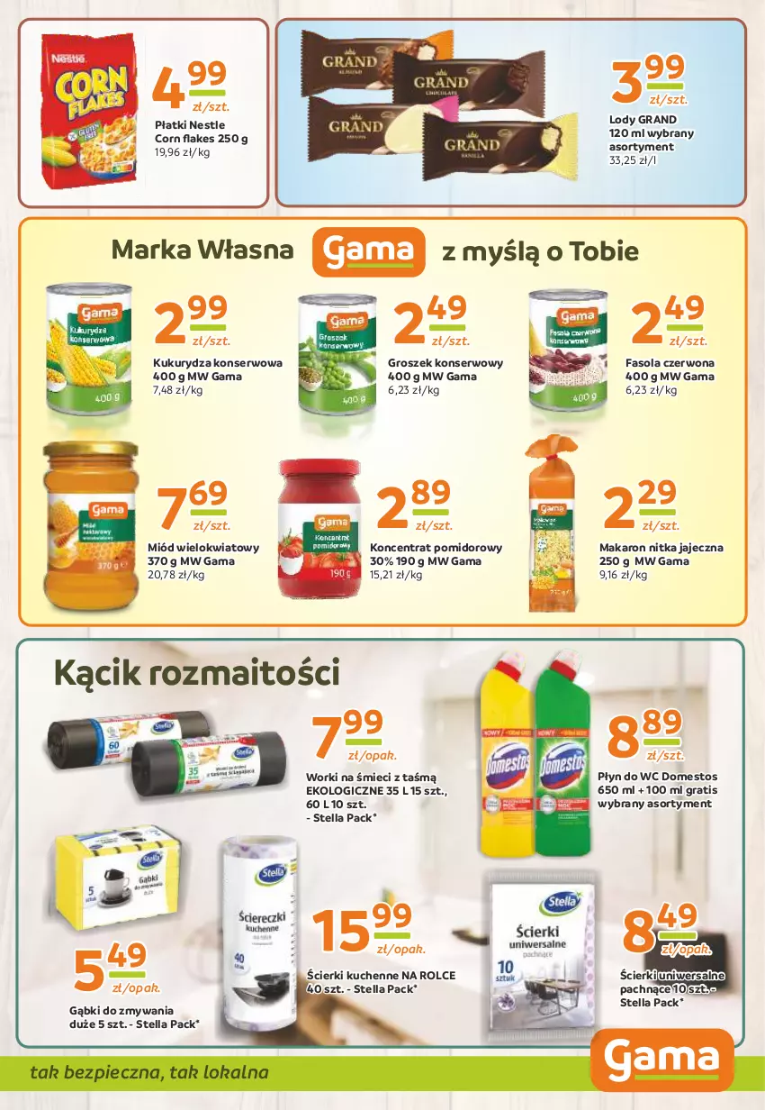 Gazetka promocyjna Gama - Gazetka Gama - ważna 07.03 do 19.03.2024 - strona 9 - produkty: Domestos, Fa, Fasola, Gra, Groszek, Koncentrat pomidorowy, Kukurydza, Kukurydza konserwowa, Lody, Makaron, Miód, Piec, Płyn do wc, Ser, Worki na śmiec, Worki na śmieci