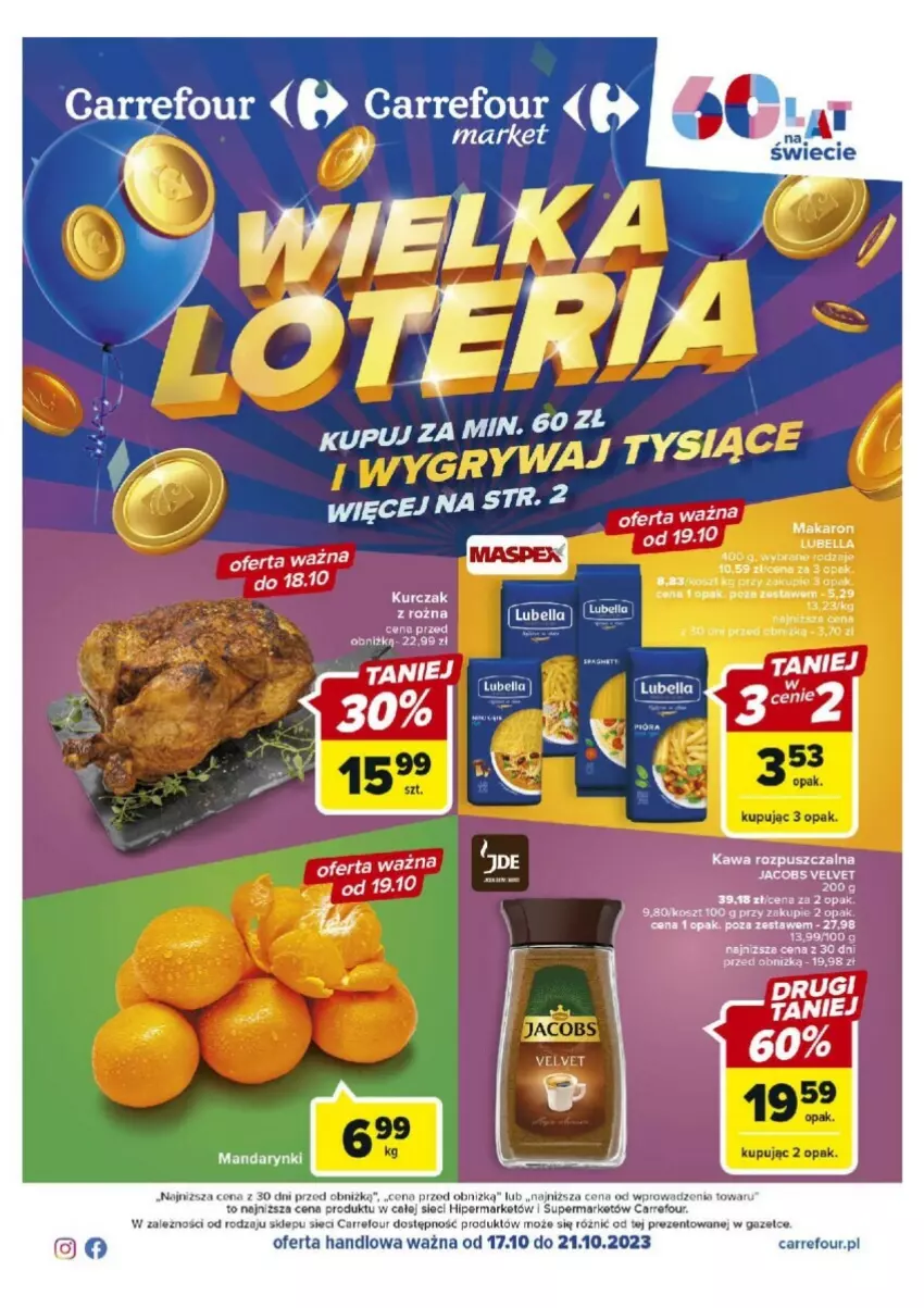 Gazetka promocyjna Carrefour - ważna 17.10 do 21.10.2023 - strona 1 - produkty: Bell, Bella, Fa, Jacobs, Jacobs Velvet, Kawa, Kawa rozpuszczalna, Kurczak, Lubella, Mandarynki, Velvet