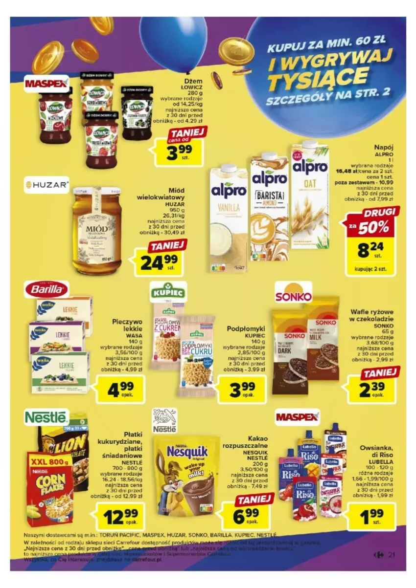 Gazetka promocyjna Carrefour - ważna 17.10 do 21.10.2023 - strona 14 - produkty: Alpro, Barilla, Bell, Bella, Cif, Danio, Dżem, Kupiec, Lubella, Miód, Napój, Nesquik, Owsianka, Piec, Pieczywo, Ryż, Sonko, Wafle, Wasa