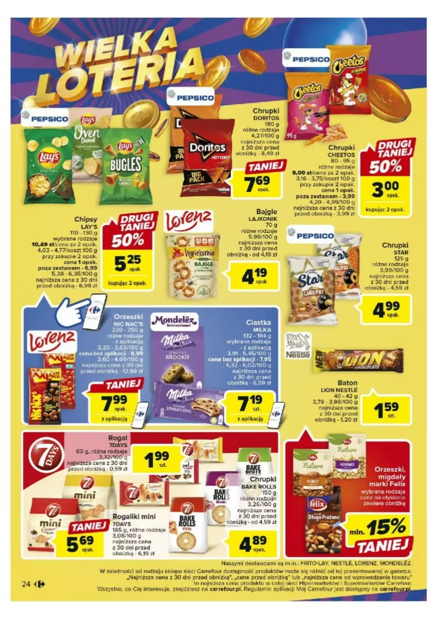 Gazetka promocyjna Carrefour - ważna 17.10 do 21.10.2023 - strona 17 - produkty: Bajgle, Bake Rolls, Baton, Cheetos, Chipsy, Chrupki, Ciastka, Kosz, Lajkonik, Lion, Lorenz, Orzeszki, Pepsi, Rogal, Sól