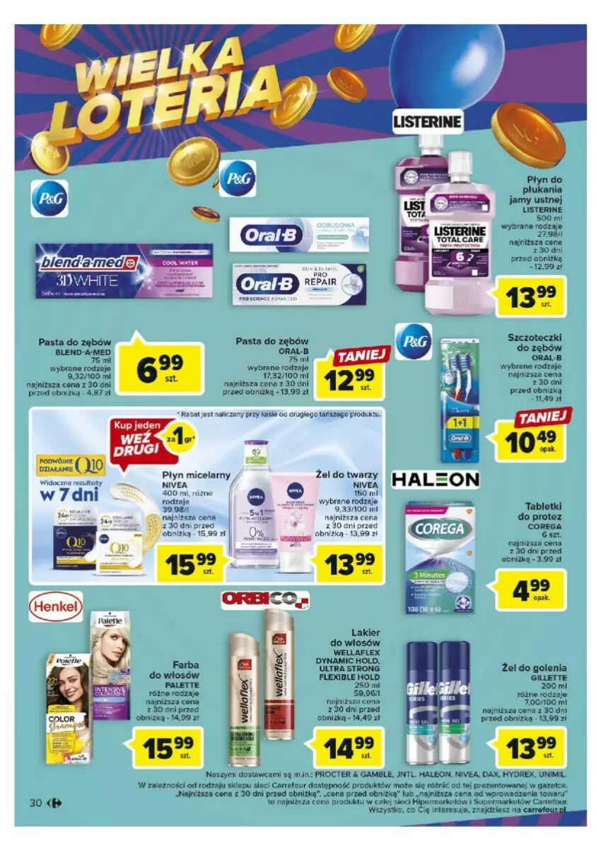 Gazetka promocyjna Carrefour - ważna 17.10 do 21.10.2023 - strona 24 - produkty: Blend-a-Med, Corega, DAX, Fa, Gillette, Lakier, Lakier do włosów, Leon, Listerine, Nivea, Palette, Pasta do zębów, Płyn do płukania, Płyn do płukania jamy ustnej, Płyn micelarny, Tablet, Unimil, Wella, Wellaflex