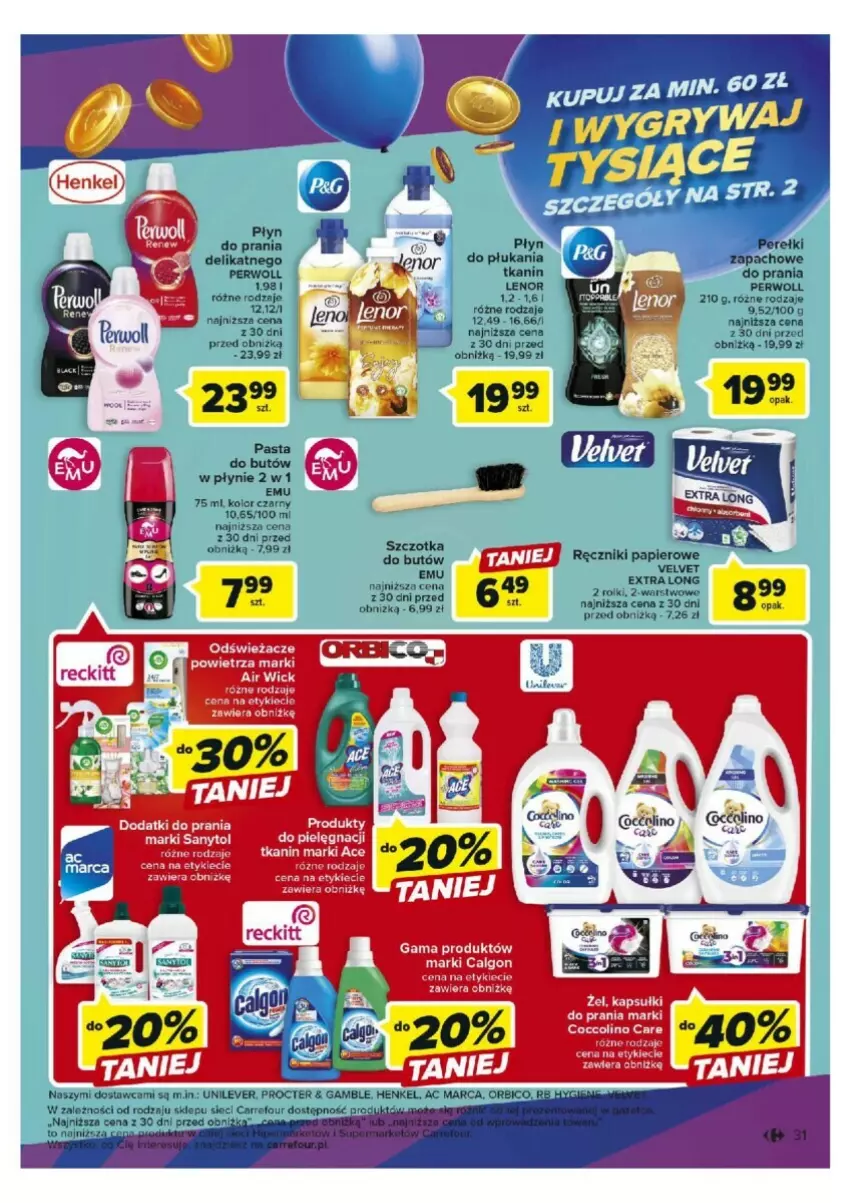 Gazetka promocyjna Carrefour - ważna 17.10 do 21.10.2023 - strona 25 - produkty: Air Wick, Calgon, Gry, Lenor, LG, Papier, Perełki zapachowe, Perwoll, Płyn do prania, Ręcznik, Ręczniki papierowe, Rolki, Sanytol, Szczotka