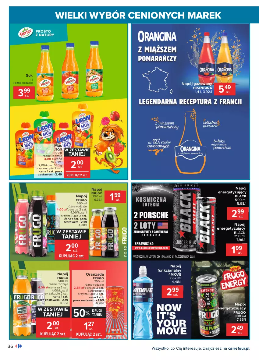 Gazetka promocyjna Carrefour - Gazetka Wielki wybór cenionych marek - ważna 03.05 do 15.05.2021 - strona 36 - produkty: Gin, Kosz, Lack, Leon, Mus, Napój, Napój gazowany, Oranżada, Sok