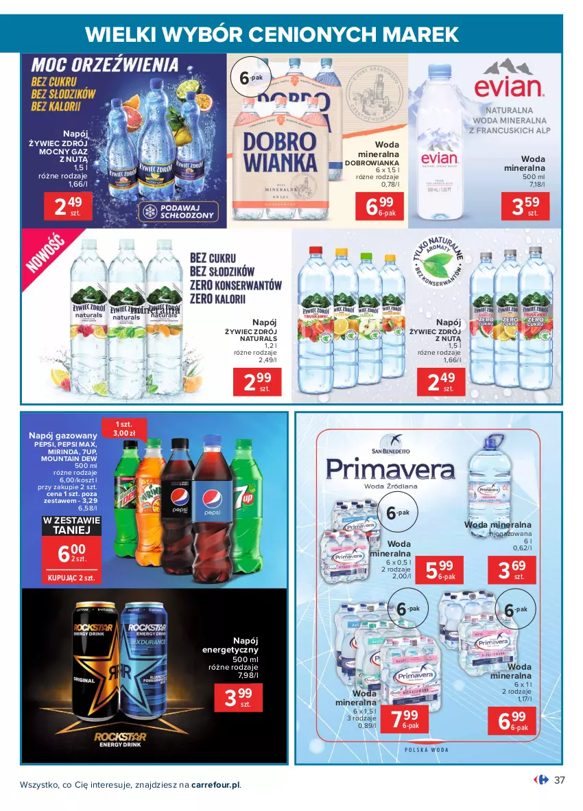 Gazetka promocyjna Carrefour - Gazetka Wielki wybór cenionych marek - ważna 03.05 do 15.05.2021 - strona 37 - produkty: 7up, Dobrowianka, Kosz, Mirinda, Napój, Napój energetyczny, Napój gazowany, Pepsi, Pepsi max, Woda, Woda mineralna