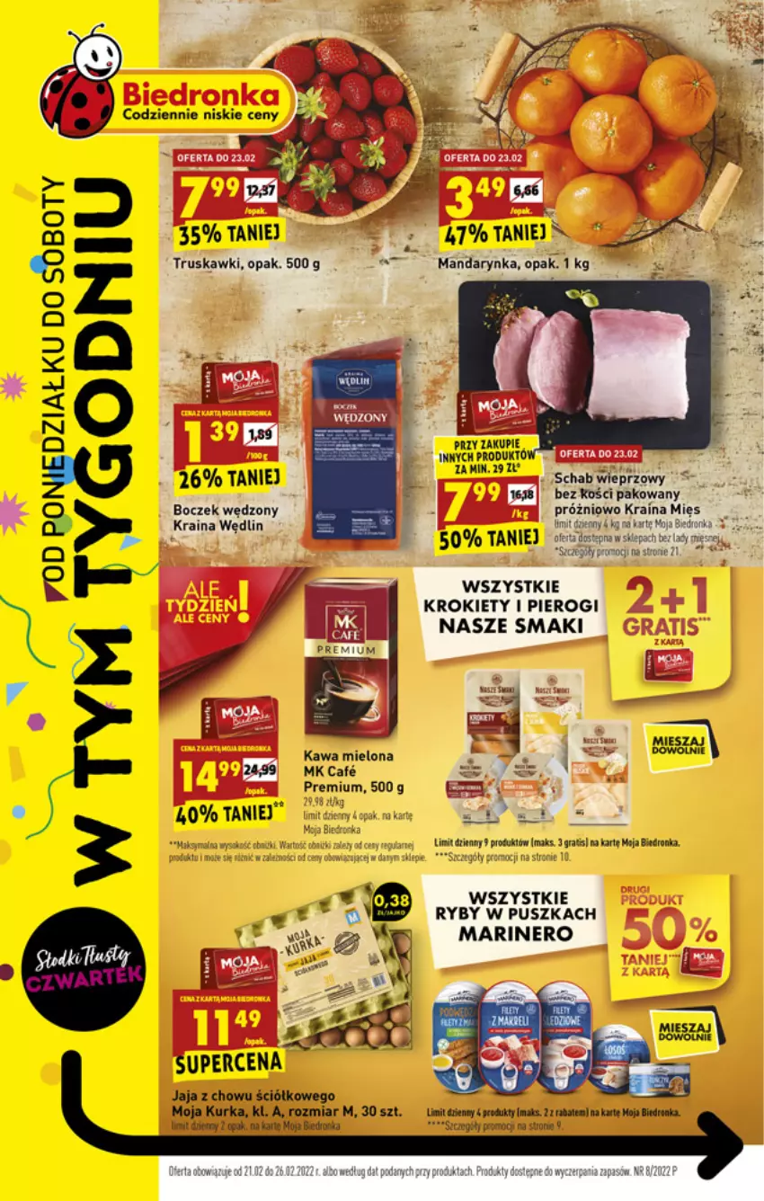 Gazetka promocyjna Biedronka - W tym tygodniu - ważna 21.02 do 26.02.2022 - strona 1 - produkty: Boczek, Dron, Gra, Jaja, Kawa, Kawa mielona, Krokiety, Pierogi, Schab wieprzowy, Truskawki