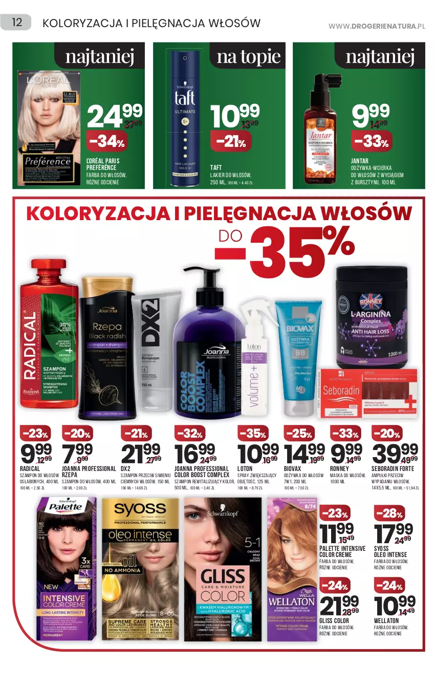 Gazetka promocyjna Drogerie Natura - Gazetka Drogerie Natura - ważna 18.11 do 01.12.2021 - strona 12 - produkty: Biovax, Bursztyn, Color Creme, DX2, Fa, Farba do włosów, Joanna, Lakier, Lakier do włosów, Maska, Maska do włosów, Odżywka, Oleo, Palette, Seboradin, Syoss, Szampon, Taft, Top, Wella