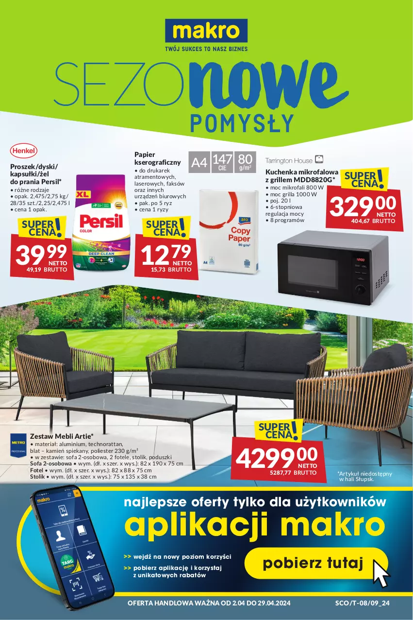 Gazetka promocyjna Makro - Oferta dla Twojego biznesu - ważna 02.04 do 29.04.2024 - strona 1 - produkty: Biuro, Fa, Fotel, Gra, Grill, Kuchenka mikrofalowa, Papier, Persil, Ser, Sofa, Sofa 2-osobowa, Stolik, Top