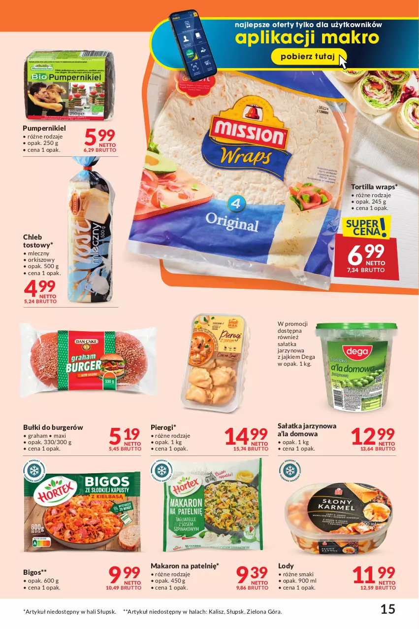 Gazetka promocyjna Makro - Oferta dla Twojego biznesu - ważna 02.04 do 29.04.2024 - strona 15 - produkty: Bigos, Burger, Chleb, Chleb tostowy, Dega, Gra, Lody, Makaron, Pierogi, Sałat, Sałatka, Tortilla