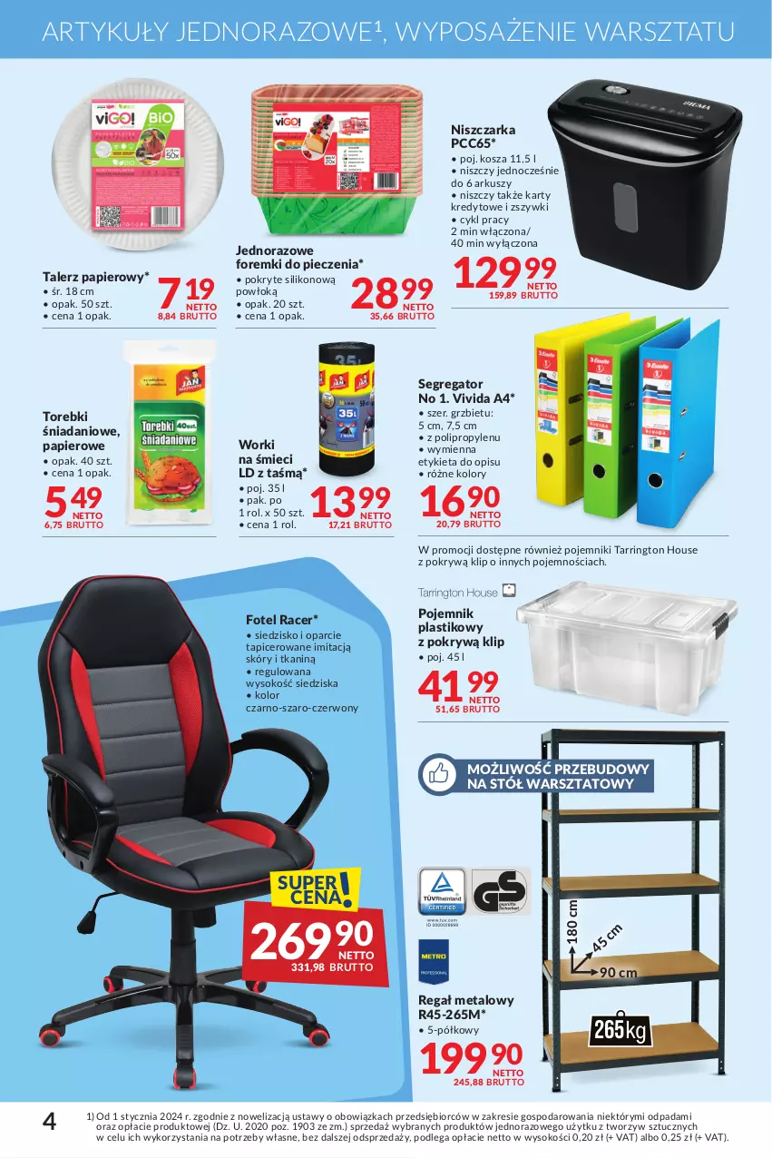 Gazetka promocyjna Makro - Oferta dla Twojego biznesu - ważna 02.04 do 29.04.2024 - strona 4 - produkty: Acer, Danio, Foremki, Fotel, Kosz, Niszczarka, Papier, Piec, Pojemnik, Pojemnik plastikowy, Regał, Regał metalowy, Siedzisko, Sok, Stół, Stół warsztatowy, Talerz, Talerz papierowy, Worki na śmiec, Worki na śmieci