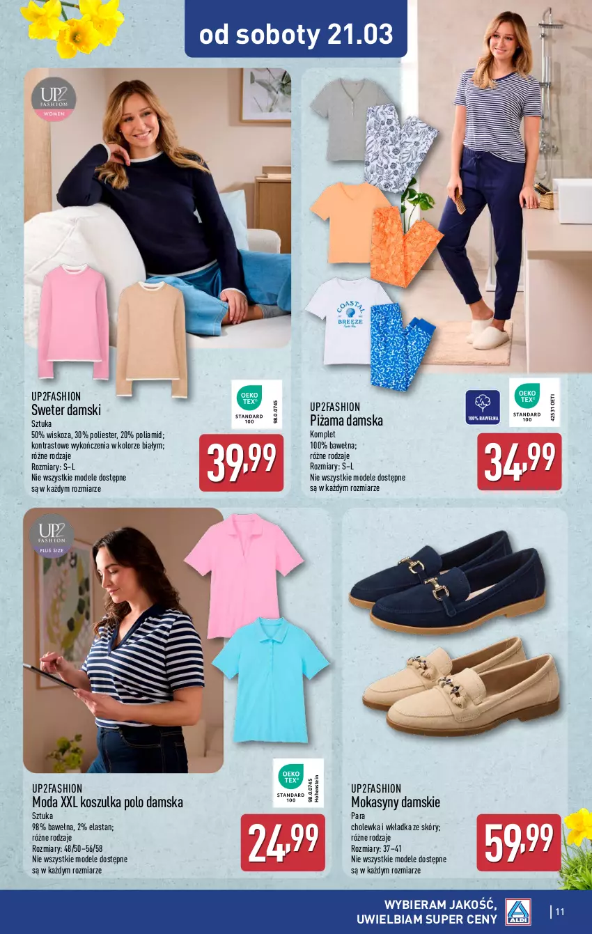 Gazetka promocyjna Aldi - Artykuły przemysłowe i tekstylia - ważna 18.03 do 21.03.2026 - strona 11 - produkty: Fa, Kosz, Koszulka, Moda, Mokasyny, Piżama, Sweter, Wełna