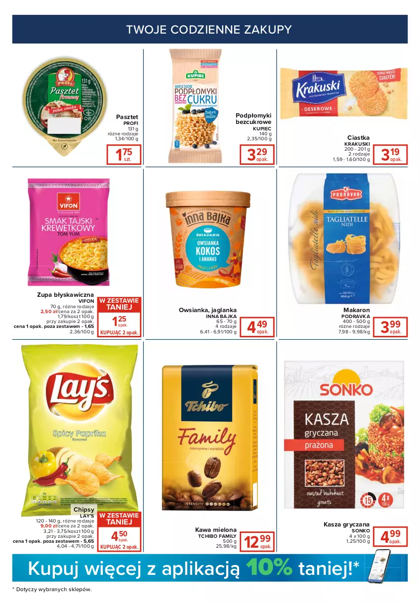 Gazetka promocyjna Carrefour - Gazetka Express - ważna 11.01 do 17.01.2022 - strona 3 - produkty: Chipsy, Ciastka, Fa, Gry, Jaglanka, Kasza, Kasza gryczana, Kawa, Kawa mielona, Kosz, Krakus, Krakuski, Kupiec, Makaron, Owsianka, Pasztet, Piec, Podravka, Sonko, Tchibo, Tchibo Family, Zupa