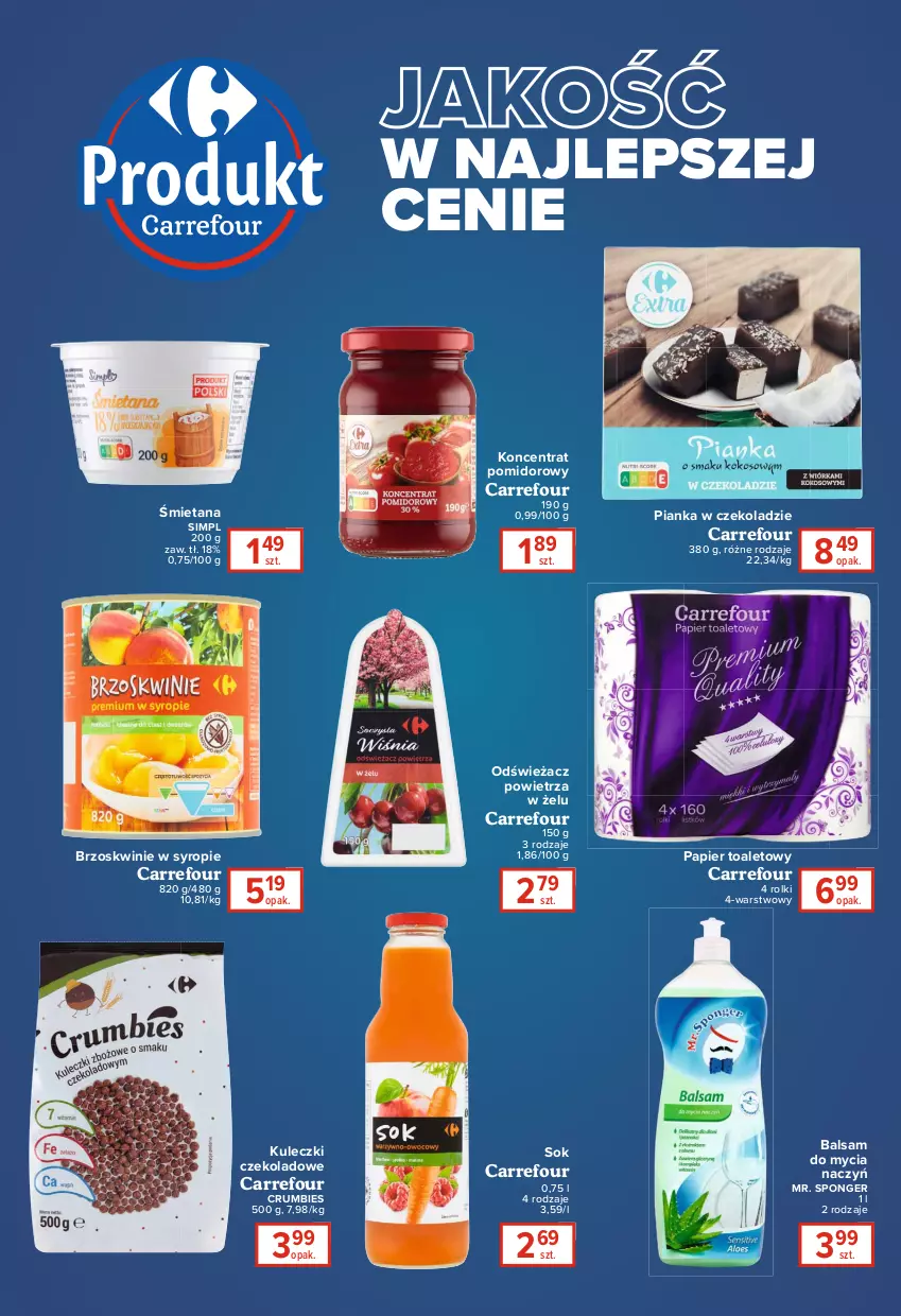 Gazetka promocyjna Carrefour - Gazetka Express - ważna 11.01 do 17.01.2022 - strona 4 - produkty: Balsam do mycia naczyń, Brzoskwinie, Do mycia naczyń, Koncentrat pomidorowy, Odświeżacz powietrza, Papier, Papier toaletowy, Pianka w czekoladzie, Rolki, Rum, Sok, Syrop