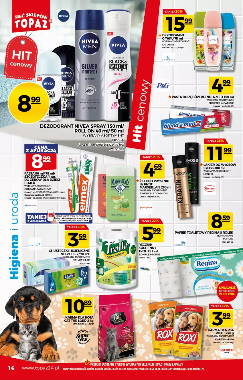 Gazetka promocyjna Topaz - Gazetka - ważna 22.04 do 28.04.2021 - strona 16 - produkty: Blend-a-Med, C-Thru, Chusteczki, Colgate, Dezodorant, Dzieci, Elmex, Gin, Lack, Lakier, Lakier do włosów, LG, Mars, Nivea, Palmolive, Papier, Papier toaletowy, Pasta do zębów, Ręcznik, Ręcznik kuchenny, Rum, Syoss, Velvet, Warka