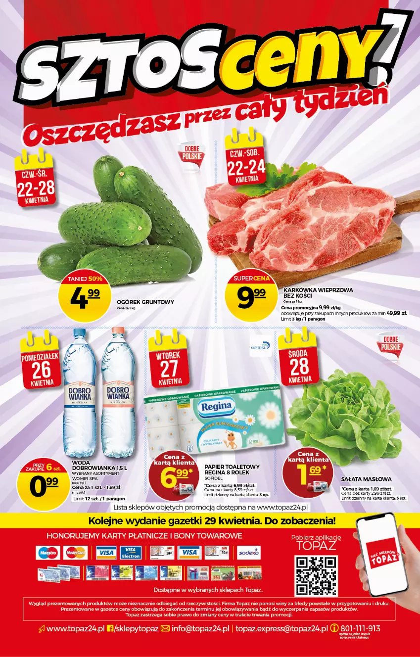 Gazetka promocyjna Topaz - Gazetka - ważna 22.04 do 28.04.2021 - strona 20 - produkty: Dobrowianka, Gin, Grunt, Karkówka wieprzowa, Masło, Olej, Papier, Sałat, Sałata masłowa, Top, Woda