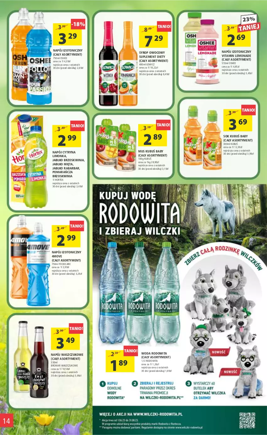 Gazetka promocyjna Arhelan - Gazetka - ważna 16.06 do 25.06.2023 - strona 14 - produkty: Hortex, Kubuś, Limonka, Mięta, Mus, Napój, Napój izotoniczny, Oshee, Sok, Suplement diety, Syrop, Woda