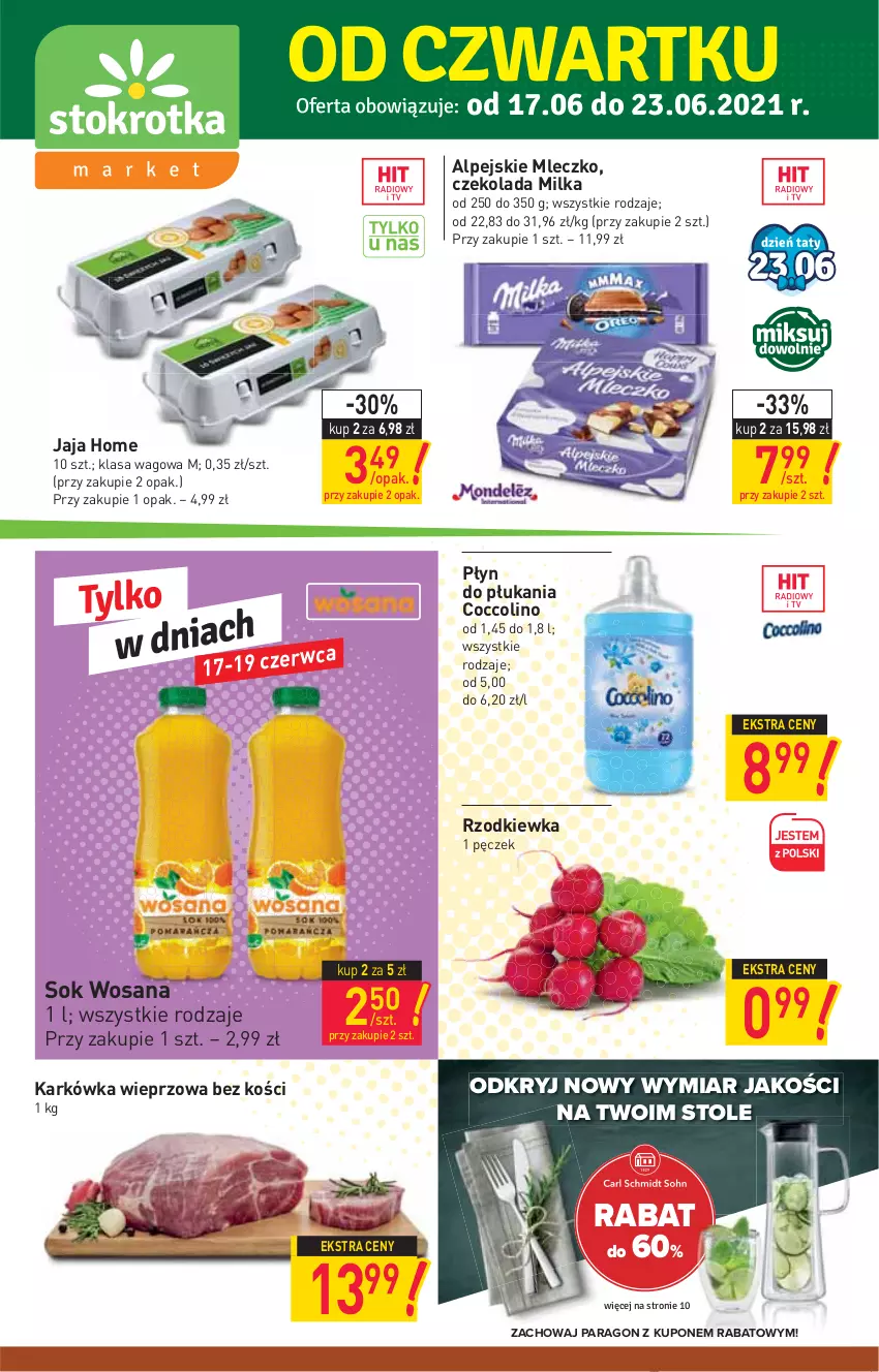 Gazetka promocyjna Stokrotka - Market - ważna 17.06 do 23.06.2021 - strona 1 - produkty: Coccolino, Czekolada, Gin, Jaja, Karkówka wieprzowa, Milka, Mleczko, Płyn do płukania, Rzodkiewka, Sok, Wosana