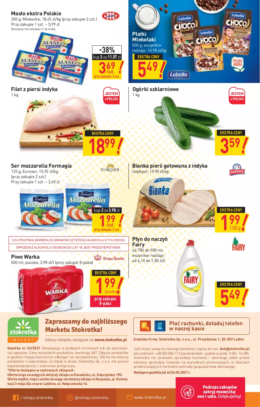 Gazetka promocyjna Stokrotka - Market - ważna 17.06 do 23.06.2021 - strona 12 - produkty: Bianka, Fa, Fairy, Filet z piersi indyka, Gra, Karp, Kosz, Masło, Mleko, Mlekovita, Mozzarella, O nas, Piwa, Piwo, Ser, Szal, Telefon, Wagi, Warka