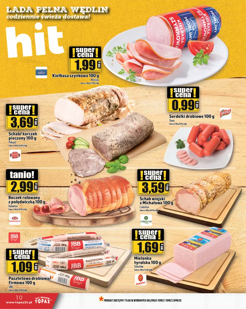 Gazetka promocyjna Topaz - Gazetka - ważna 02.05 do 08.05.2024 - strona 10 - produkty: Boczek, Kabanos, Kiełbasa, Kiełbasa szynkowa, Pekpol, Piec, Ser, Serdelki, Sok, Sokołów, Top