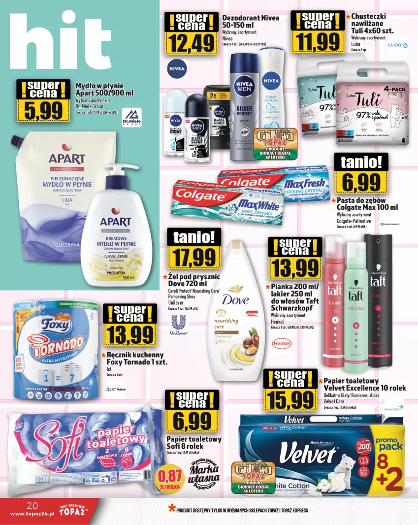 Gazetka promocyjna Topaz - Gazetka - ważna 02.05 do 08.05.2024 - strona 20 - produkty: Chusteczki, Colgate, Dezodorant, Dove, Foxy, Lakier, LG, Mydło, Mydło w płynie, Nivea, Palmolive, Papier, Papier toaletowy, Pasta do zębów, Ręcznik, Ręcznik kuchenny, Rum, Schwarzkopf, Taft, Top, Velvet