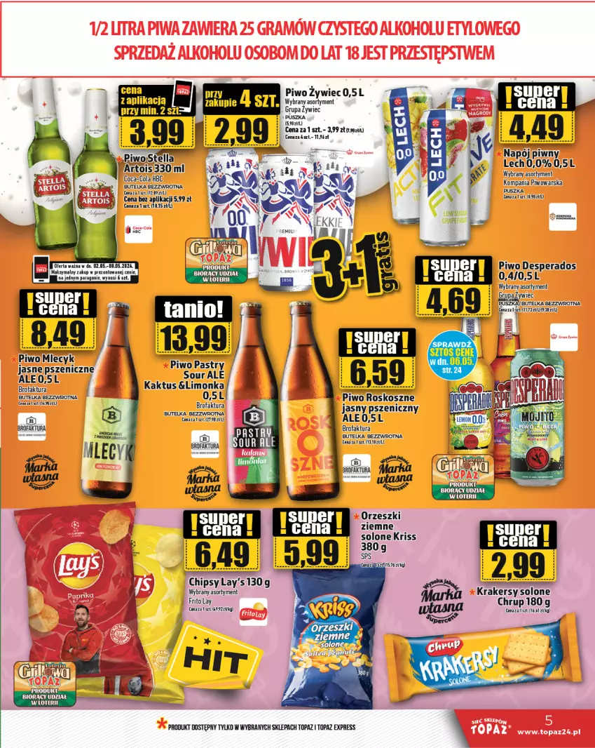 Gazetka promocyjna Topaz - Gazetka - ważna 02.05 do 08.05.2024 - strona 5 - produkty: Coca-Cola, Desperados, Fa, Kaktus, Kosz, Krakersy, Limonka, Napój, Orzeszki, Orzeszki ziemne, Piwo, Top