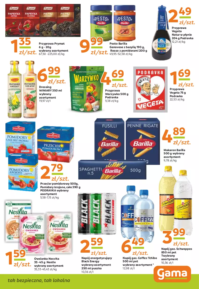 Gazetka promocyjna Gama - Gazetka Gama - ważna 15.08.2022 do 04.08.2023 - strona 7 - produkty: Barilla, Bazyl, Dres, Lack, Makaron, Napój, Owsianka, Pesto, Piec, Podravka, Pomidory, Pomidory krojone, Prymat, Schweppes, Tchibo, Vegeta, Vegeta Natur, Winiary