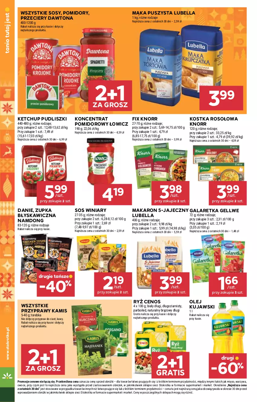 Gazetka promocyjna Stokrotka - Market - ważna 20.11 do 26.11.2025 - strona 12 - produkty: Bell, Bella, Cenos, Dawtona, Gala, Galaretka, Gra, Kamis, Ketchup, Knorr, Kujawski, Lubella, Mąka, Makaron, Mięso, Olej, Owoce, Pomidory, Przyprawy, Pudliszki, Ryż, Sos, Torebka, Warzywa, Winiary
