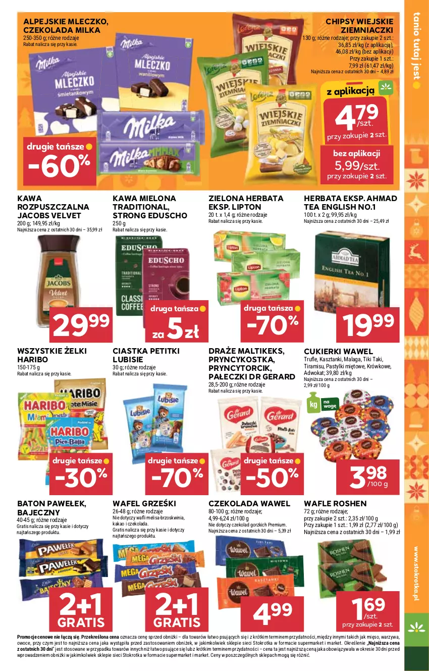 Gazetka promocyjna Stokrotka - Market - ważna 20.11 do 26.11.2025 - strona 13 - produkty: Baton, Chipsy, Ciastka, Cukier, Cukierki, Czekolada, Dr Gerard, Gra, Grześki, Haribo, Herbata, Jacobs, Jacobs Velvet, Kakao, Kawa, Kawa mielona, Kawa rozpuszczalna, Lipton, Lubisie, Mięso, Milka, Mleczko, Owoce, Pastylki, Velvet, Wafle, Warzywa, Wawel
