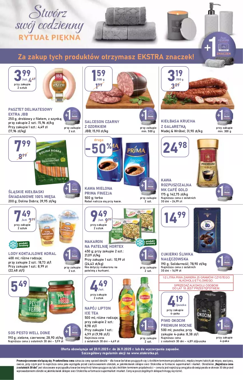 Gazetka promocyjna Stokrotka - Market - ważna 20.11 do 26.11.2025 - strona 16 - produkty: Cukier, Cukierki, Danio, Gala, Gra, Hortex, Ice tea, Kawa, Kawa mielona, Kawa rozpuszczalna, Kiełbasa, Kiełbasa krucha, Koc, Lipton, Lody, Makaron, Mięso, Napój, Okocim, Owoce, Pasztet, Pesto, Piwa, Piwo, Prima, Salceson, Sos, Torba, Warzywa