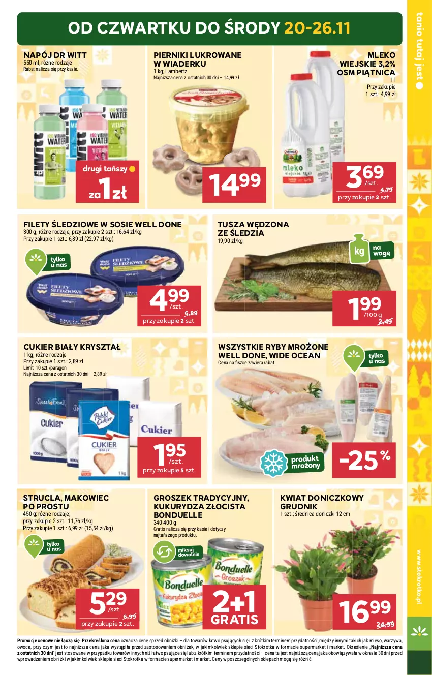 Gazetka promocyjna Stokrotka - Market - ważna 20.11 do 26.11.2025 - strona 3 - produkty: Bonduelle, Cukier, Gra, Groszek, Kukurydza, Makowiec, Mięso, Mleko, Napój, Owoce, Piątnica, Piernik, Sos, Strucla, Tusz, Warzywa