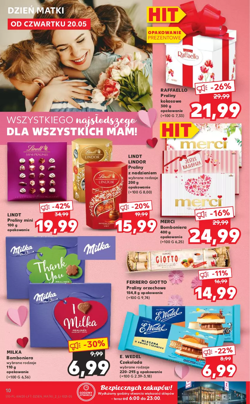 Gazetka promocyjna Kaufland - OFERTA TYGODNIA - ważna 20.05 do 26.05.2021 - strona 10 - produkty: Bomboniera, Czekolada, E. Wedel, Fa, Ferrero, Kokos, Lindor, Lindt, Merci, Milka, Piec, Praliny, Raffaello, Tera