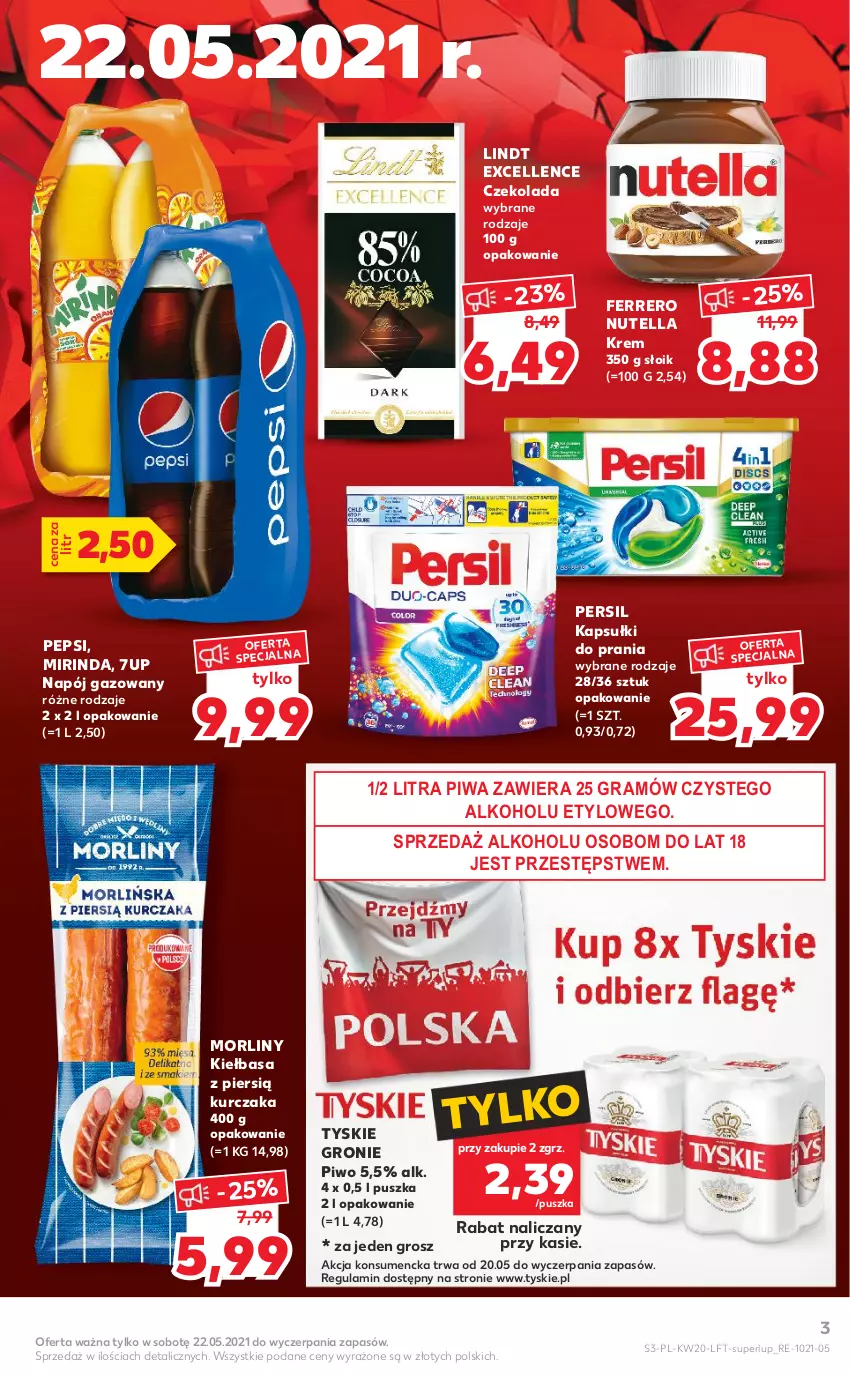 Gazetka promocyjna Kaufland - OFERTA TYGODNIA - ważna 20.05 do 26.05.2021 - strona 3 - produkty: 7up, Czekolada, Ferrero, Gra, Kapsułki do prania, Kiełbasa, Kurczak, Lindt, Mirinda, Morliny, Napój, Napój gazowany, Nutella, Pepsi, Persil, Piwa, Piwo, Tyskie