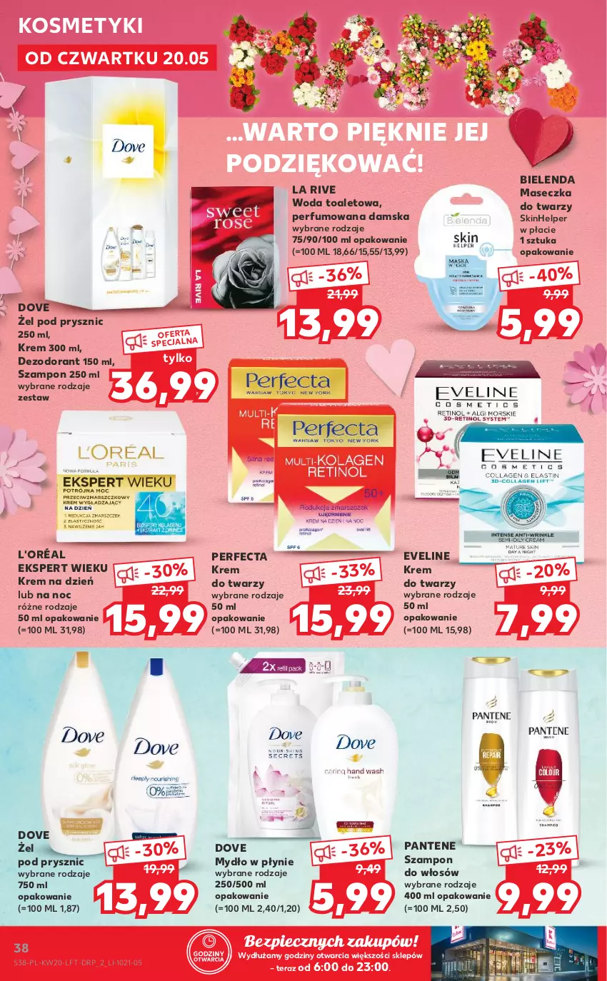 Gazetka promocyjna Kaufland - OFERTA TYGODNIA - ważna 20.05 do 26.05.2021 - strona 38 - produkty: Bielenda, Dezodorant, Dove, Eveline, Krem do twarzy, Krem na dzień, La Rive, Mydło, Mydło w płynie, Pantene, Perfecta, Perfum, Piec, Szampon, Tera, Woda, Woda toaletowa