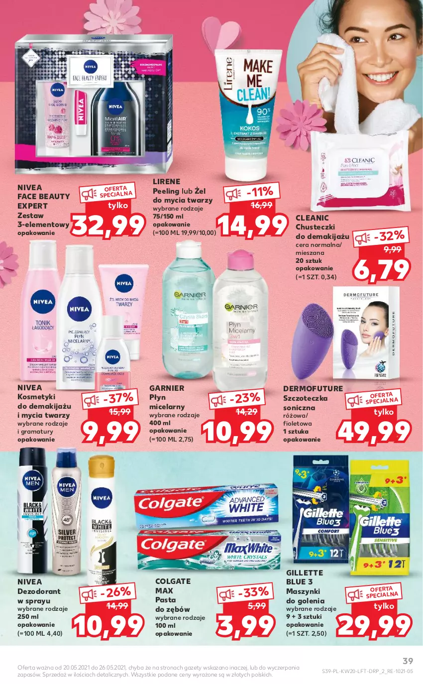 Gazetka promocyjna Kaufland - OFERTA TYGODNIA - ważna 20.05 do 26.05.2021 - strona 39 - produkty: Chusteczki, Cleanic, Colgate, Dermofuture, Dezodorant, Fa, Garnier, Gillette, Gra, LG, Lirene, Makijaż, Nivea, Pasta do zębów, Peeling, Płyn micelarny, Rama, Szczoteczka, Szczoteczka soniczna