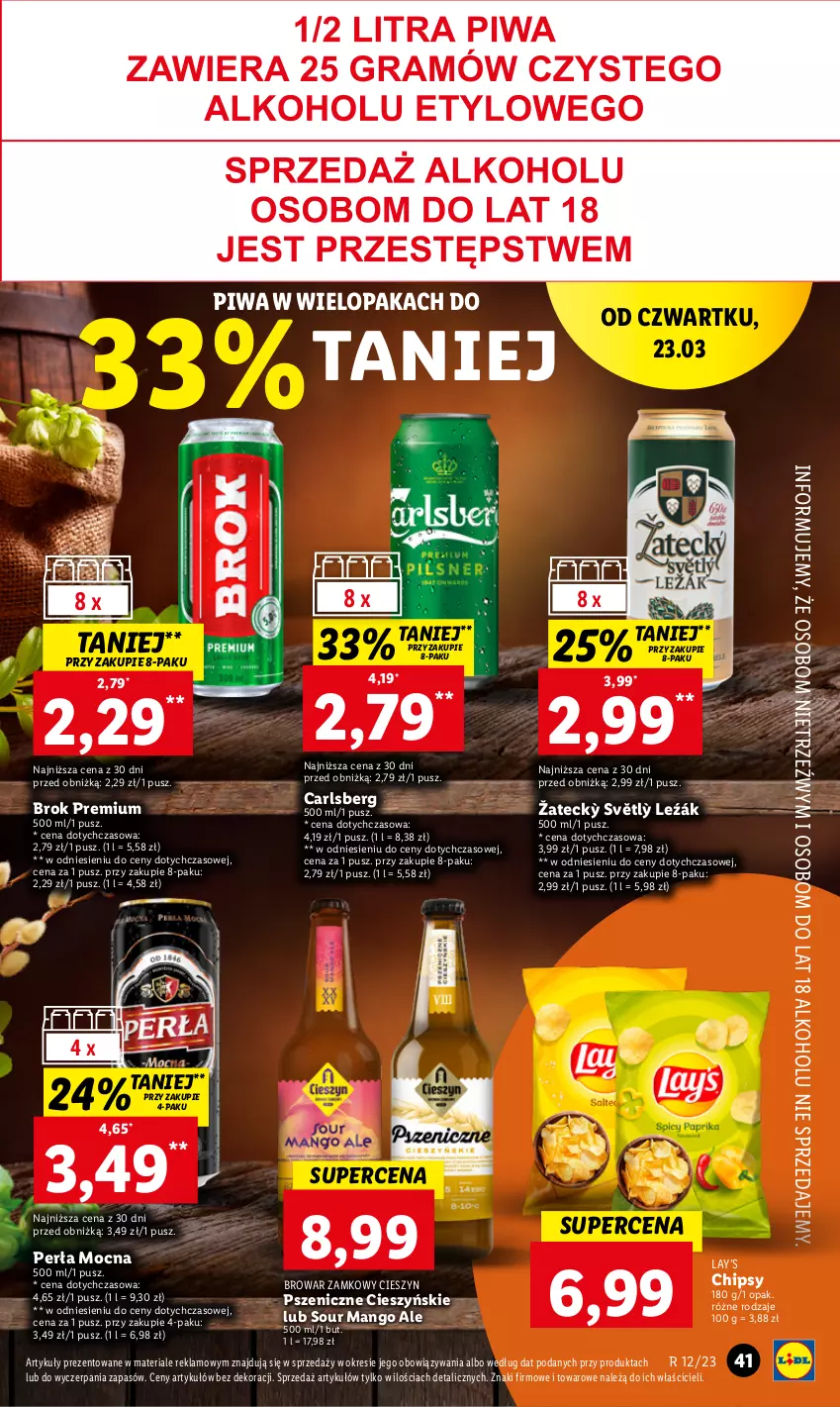 Gazetka promocyjna Lidl - GAZETKA - ważna 23.03 do 25.03.2023 - strona 47 - produkty: Carlsberg, Chipsy, Heineken, Kasztelan, Lay’s, Mango, Perła, Piwa, Tyskie