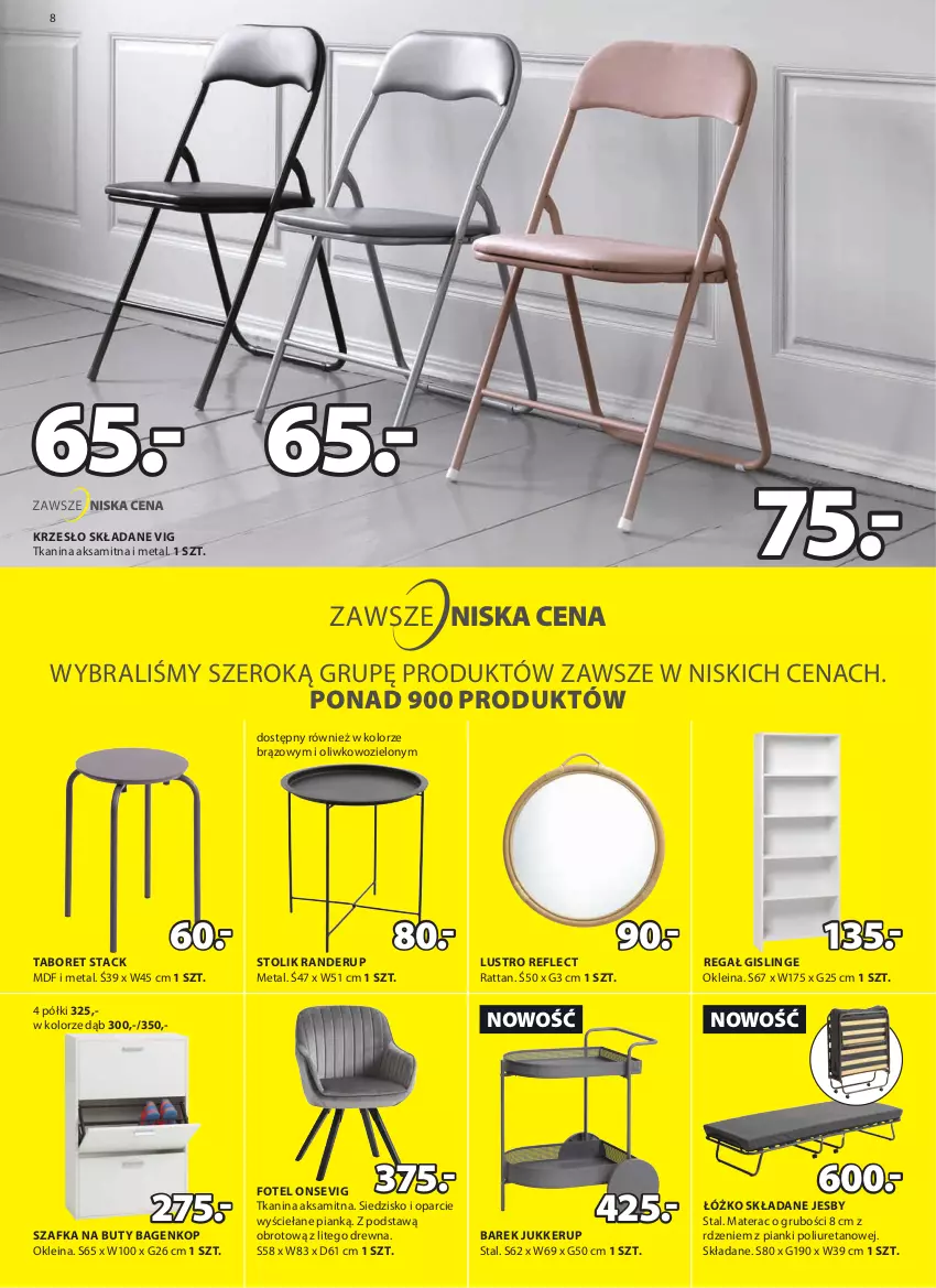 Gazetka promocyjna Jysk - Oferta tygodnia - ważna 14.09 do 18.10.2022 - strona 9 - produkty: Aksam, Buty, Fotel, Krzesło, Krzesło składane, Lustro, Materac, Regał, Siedzisko, Stolik, Szafka, Szafka na buty, Taboret, Tera