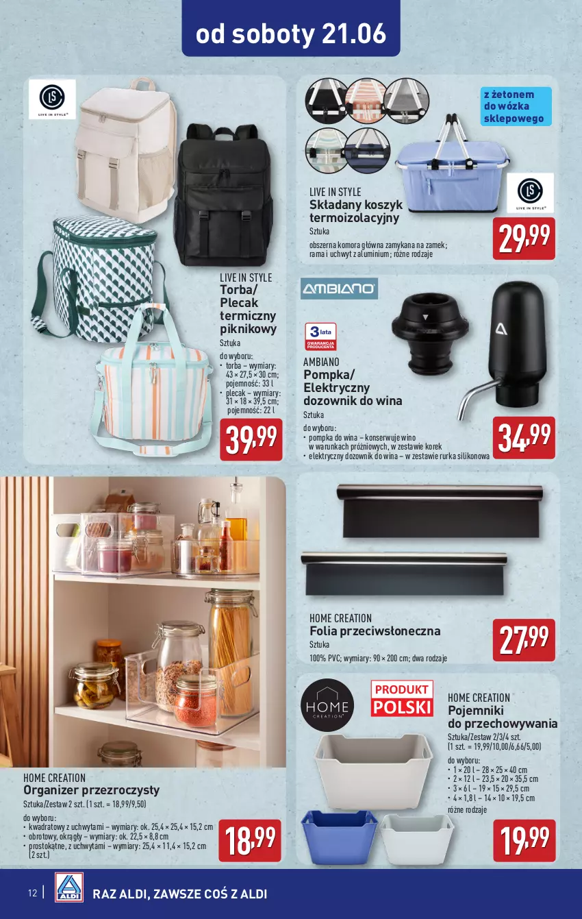 Gazetka promocyjna Aldi - Artykuły przemysłowe i tekstylia - ważna 18.06 do 21.06.2025 - strona 12 - produkty: Dozownik, Kosz, Organizer, Plecak, Pojemnik, Pompka, Rama, Ser, Torba, Wino