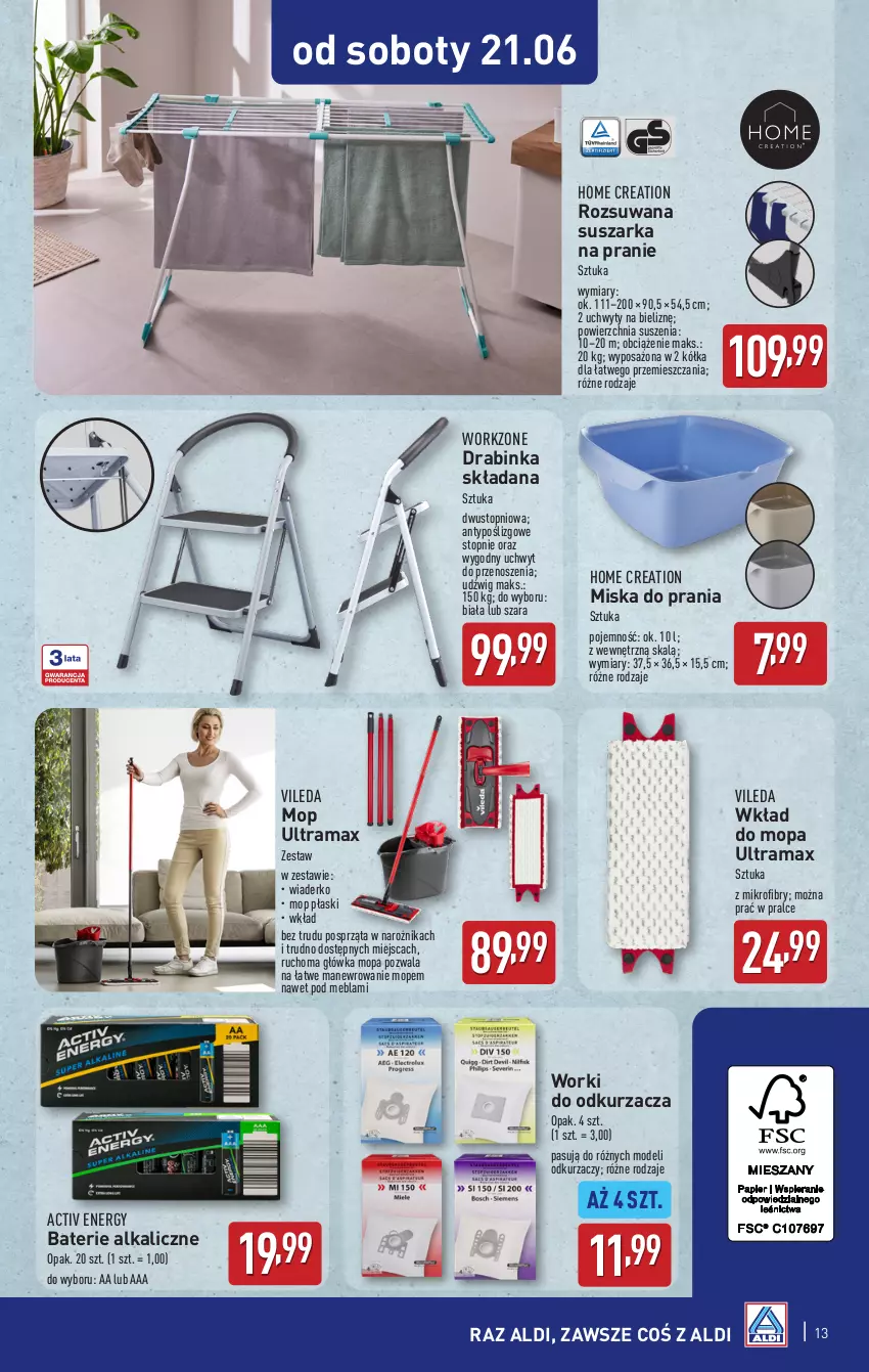 Gazetka promocyjna Aldi - Artykuły przemysłowe i tekstylia - ważna 18.06 do 21.06.2025 - strona 13 - produkty: Anew, Baterie alkaliczne, Dźwig, Inka, Miska, Mop, Narożnik, Odkurzacz, Rama, Suszarka, Suszarka na pranie, Top, Uchwyty, Vileda, Wkład do mopa