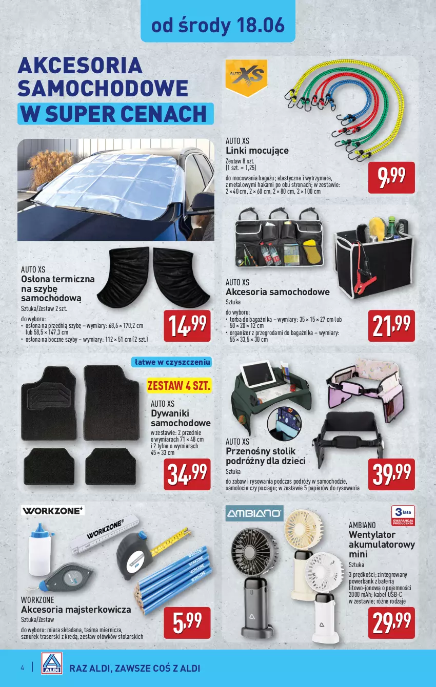 Gazetka promocyjna Aldi - Artykuły przemysłowe i tekstylia - ważna 18.06 do 21.06.2025 - strona 4 - produkty: Akumulator, Amol, Dywan, Dywanik, Dzieci, Kabel USB, O Bag, Organizer, Papier, Pociąg, Powerbank, Ser, Stolik, Sznurek, Taśma miernicza, Torba