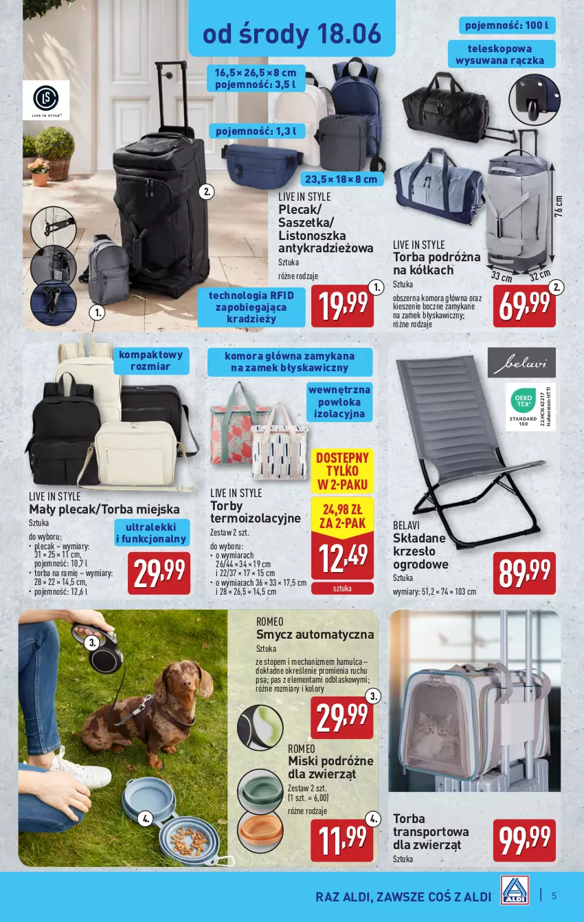 Gazetka promocyjna Aldi - Artykuły przemysłowe i tekstylia - ważna 18.06 do 21.06.2025 - strona 5 - produkty: Krzesło, Krzesło ogrodowe, Plecak, Por, Smycz, Sport, Teleskop, Top, Torba, Tran